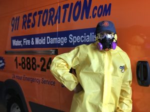 hazmat-suit-911-restoration-water-damage-van Denver Metro